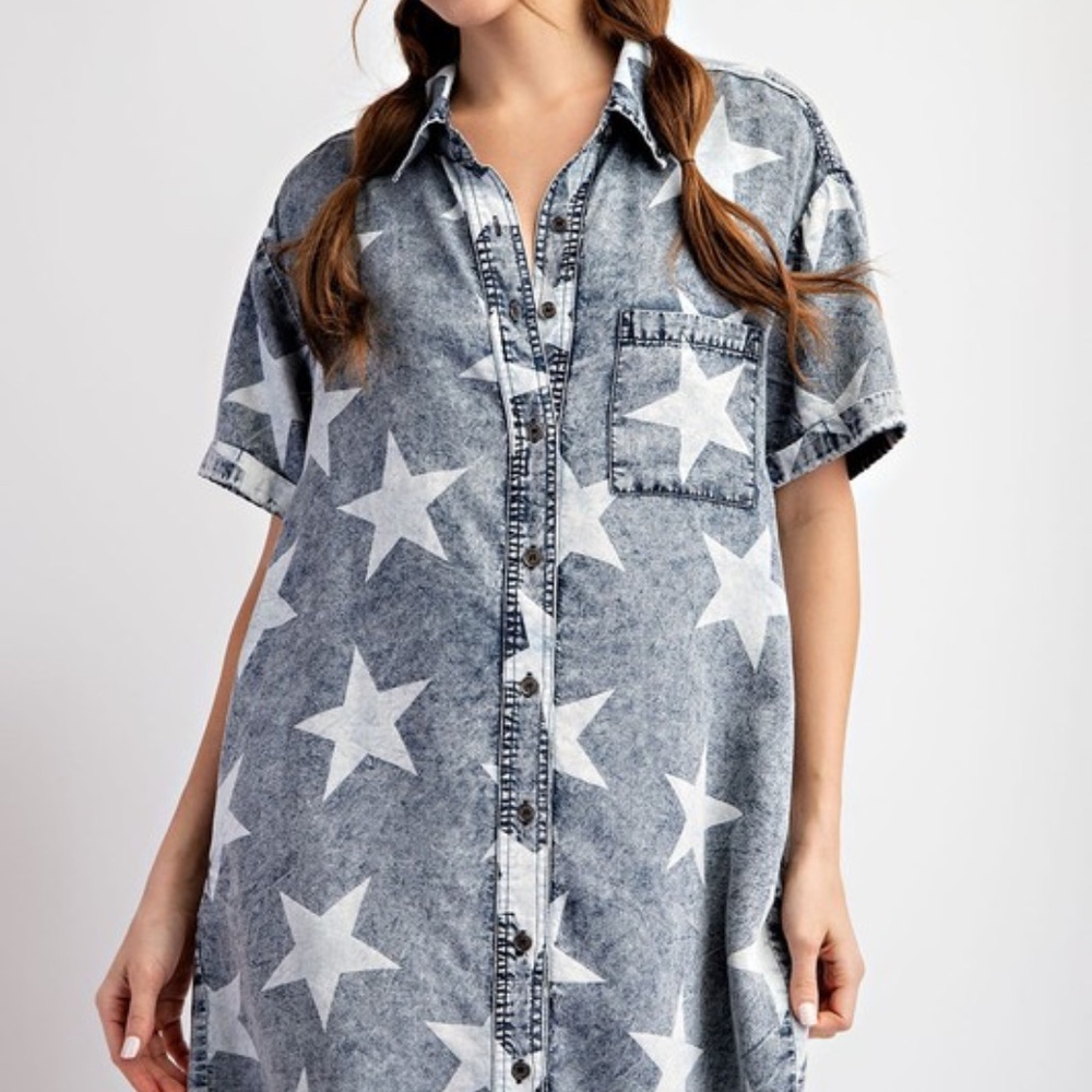 Star Print Denim Shirt Dress - Blue - Picture 8 of 12
